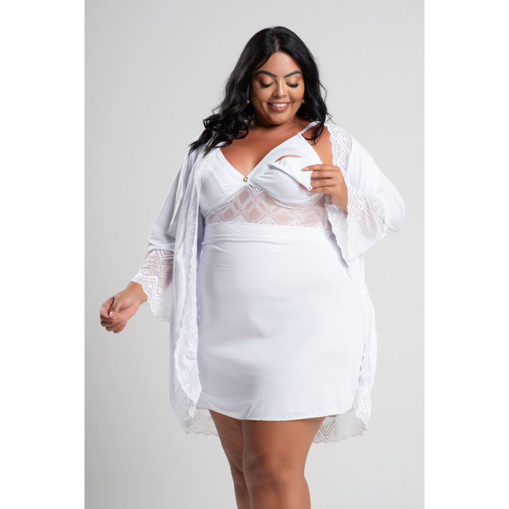 Kit Plus Size Camisola Amamentação Yasmin com Robe Renda Luxo para Lactante Florallys