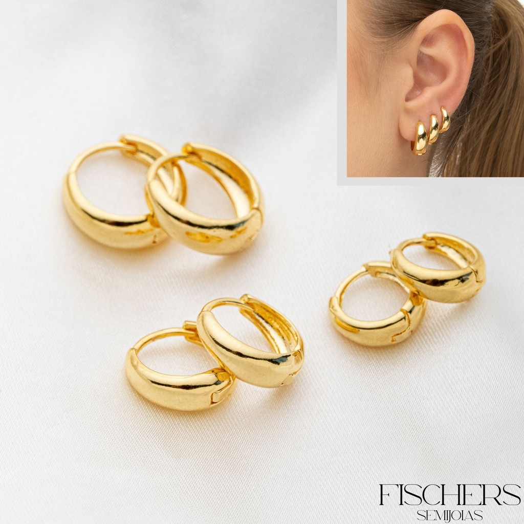 Trio Argola Lisas Banhado a Ouro 18k, Estilo e Elegância em 3 Tamanhos - Fischer Semijoias