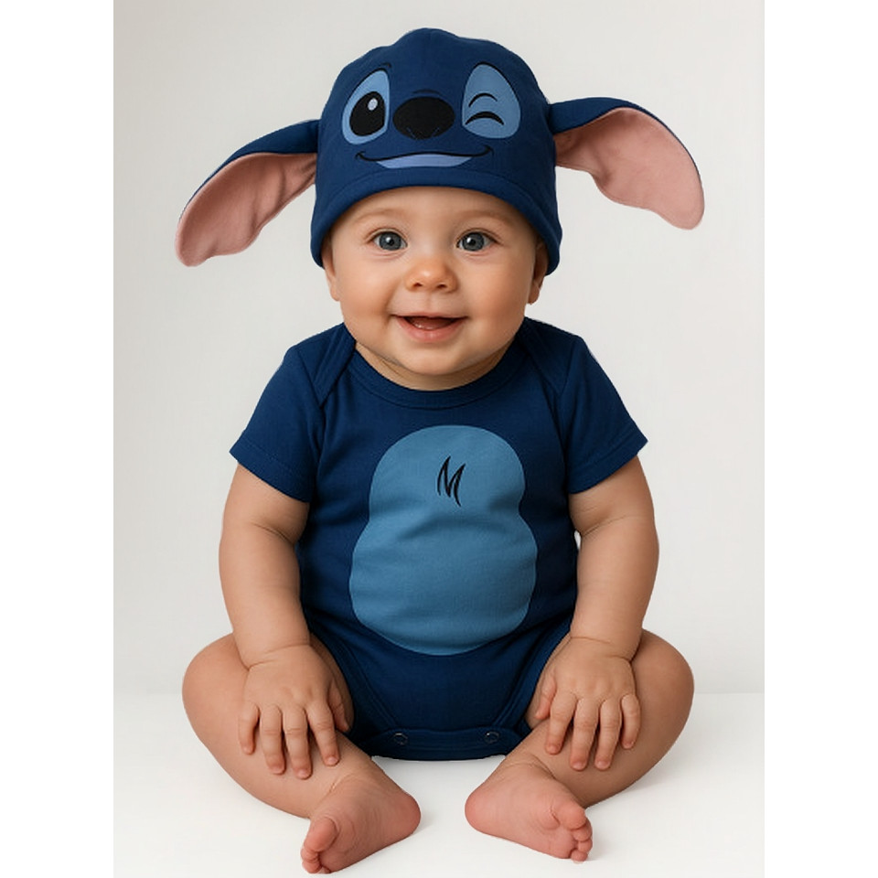 Body de Bebê Merversario Temático Stitch Corpo Touca