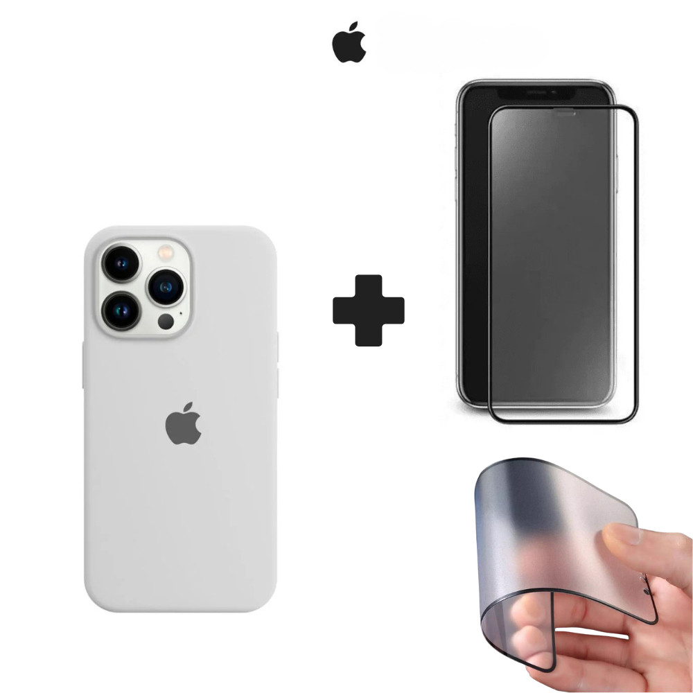 Kit Case Branca + Película Cerâmica Fosca iPhone XS 11 12 13 14 15 16 Pro Max Premium