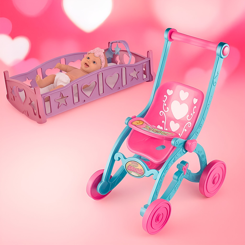 Kit Carrinho + Berço Para Boneca Com Colchão Infantil Fofo Baby Bebê alive Reborn Passeio Bercinho em Oferta na Shopee