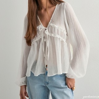 Camisas Femininas Com Amarração Frontal , Manga Comprida , Decote Em V , Ajuste Solto , Babados , Primavera , Blusas Cri