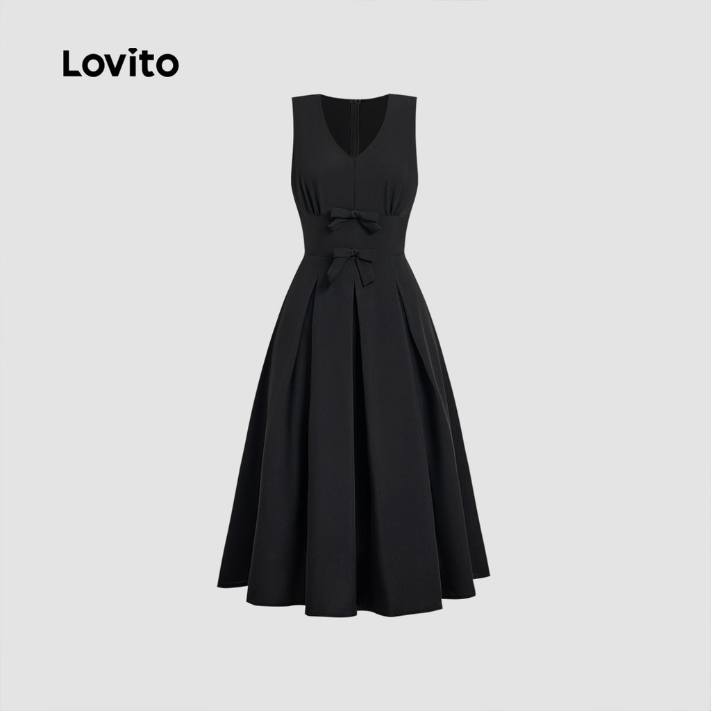 Lovito Vestido Casual Feminino com Laço Na Frente Estilo Retrô Primavera/verão preto L149ED1015 em Oferta na Shopee