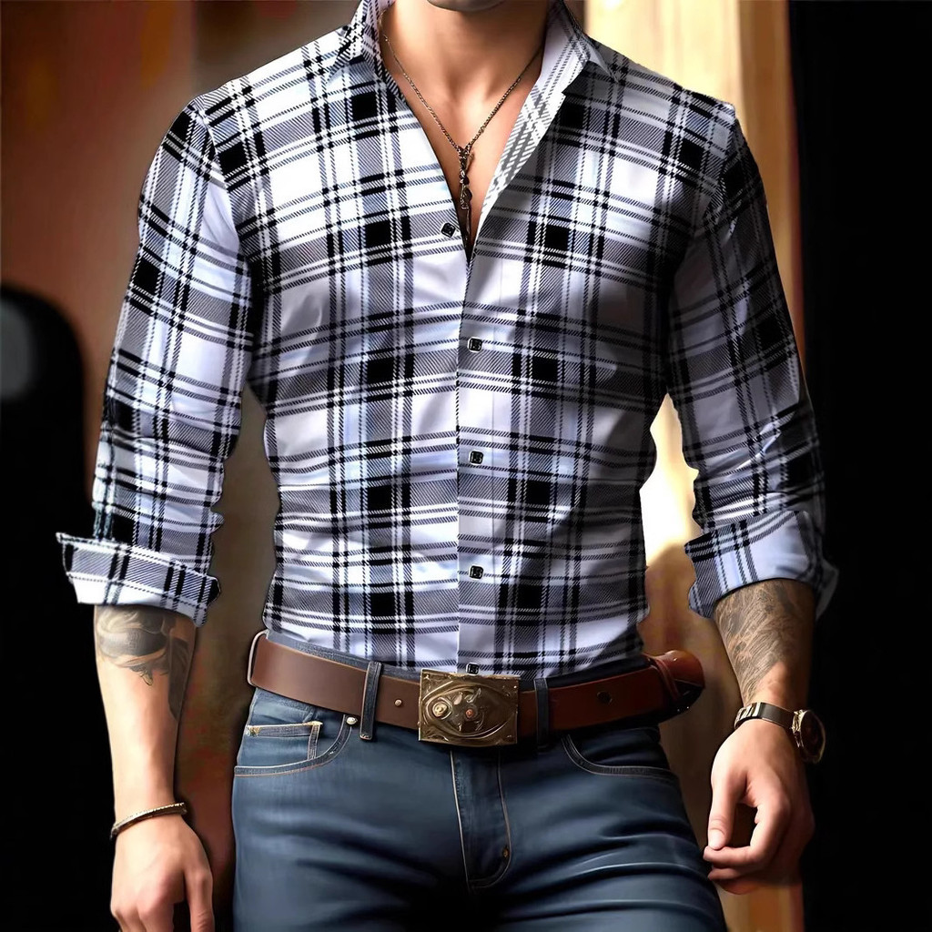 Camisa masculina de manga comprida xadrez Casual estampada