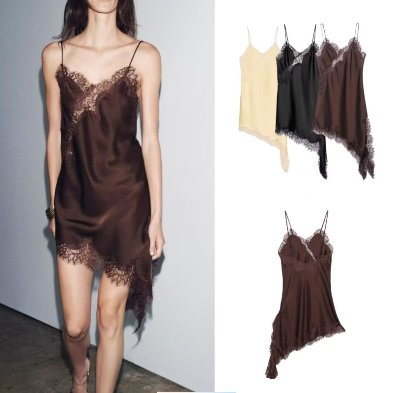 Estilo europeu americano feminino novo estilo 2025 moda cor sólida renda vestido assimétrico5919200 em Oferta na Shopee