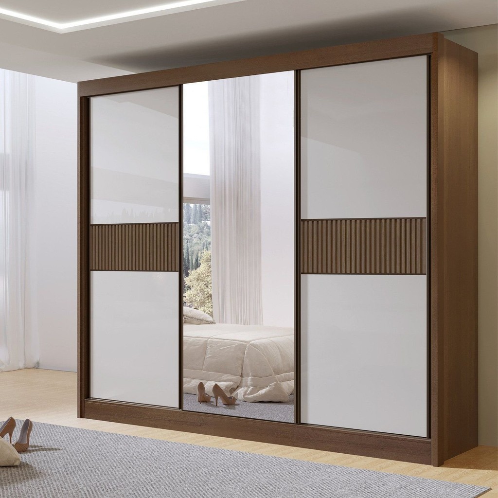 Guarda-roupa Casal Ripado 3 Portas de Correr com Espelho 100% Mdf Cristal Castanho/Off White em Oferta na Shopee