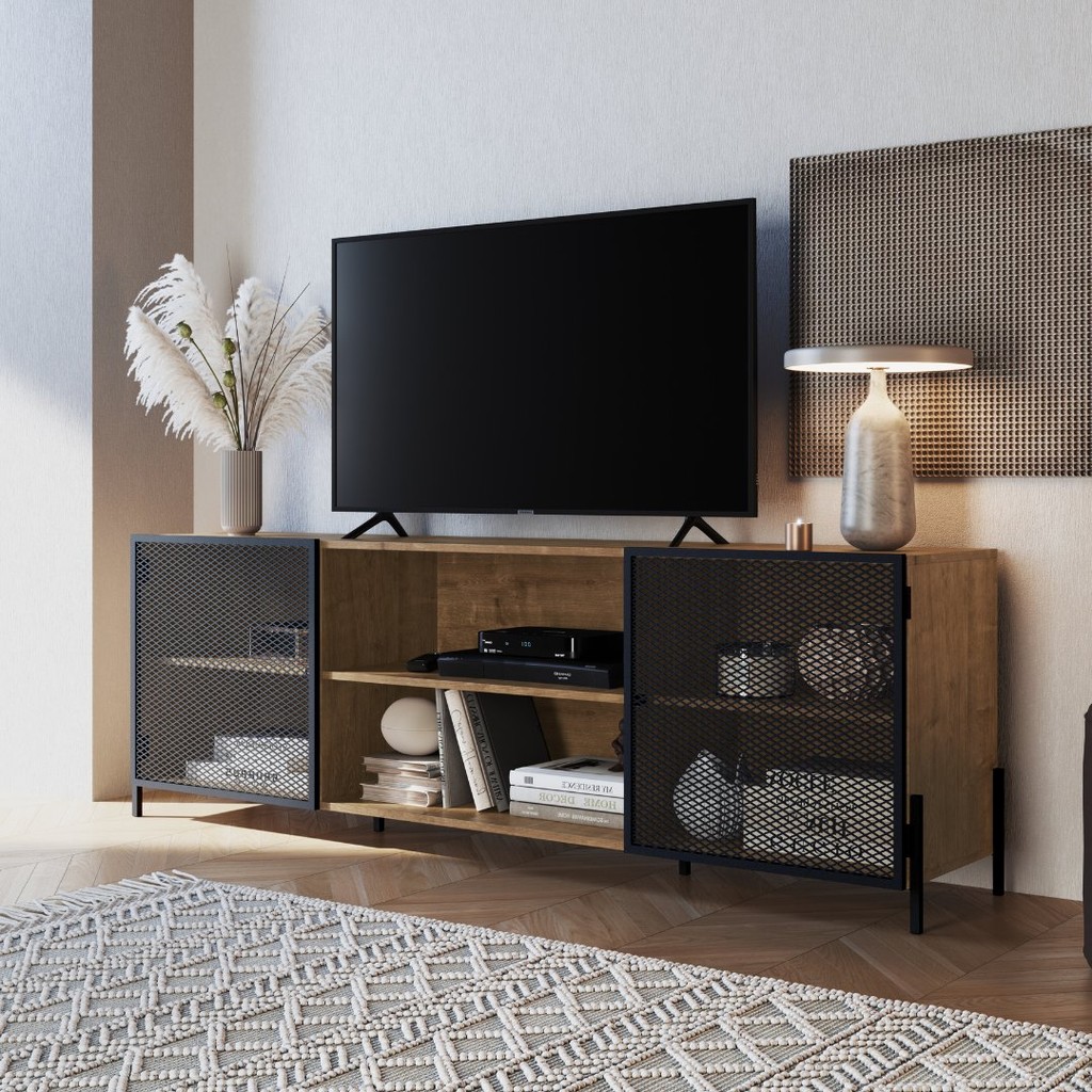 Rack Industrial Retrô para TV até 70 Polegadas 2 Portas 2 Nichos 180cm York Vermont/Preto