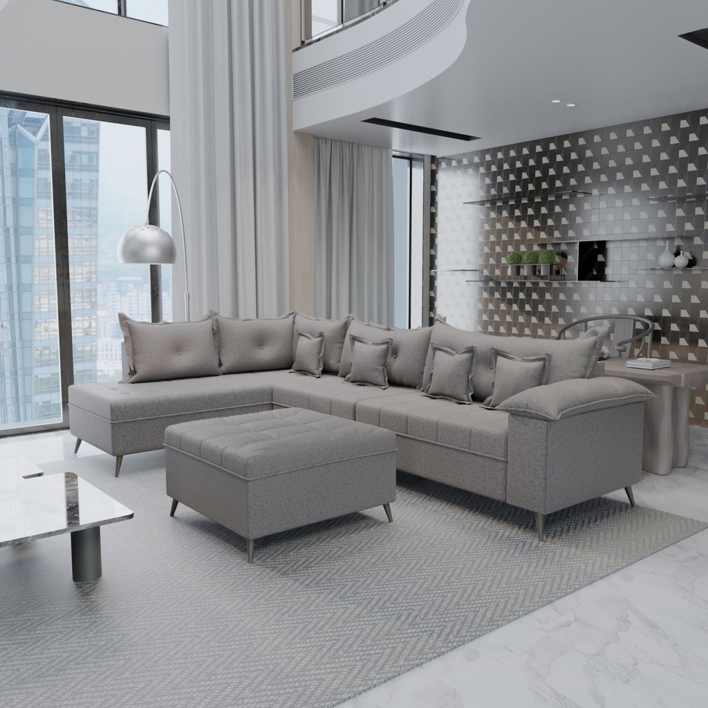Sofá de Canto 9 Lugares com Puff Cancun Cinza em Oferta na Shopee