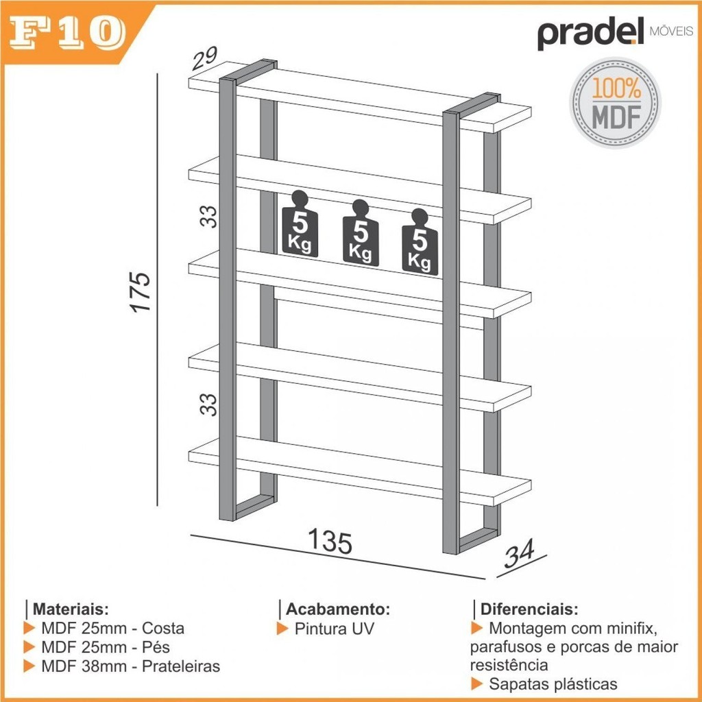 Detalhes do Estante para Livros 100% MDF 5 Prateleiras Moderno