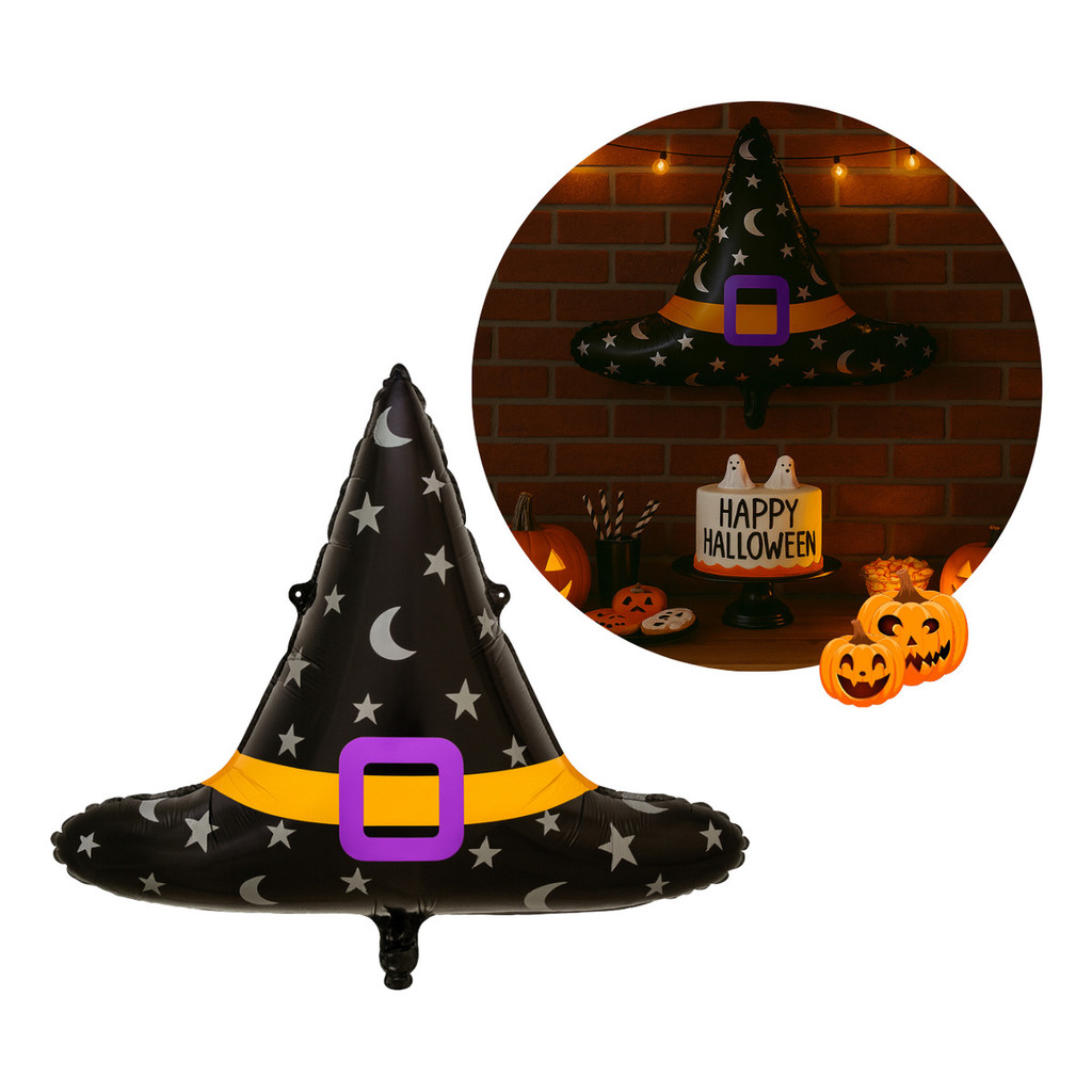 Kit 5 Unid Balão Metalizado Chapéu De Bruxa estrela e lua  63x58cm Festa Halloweem Decoração