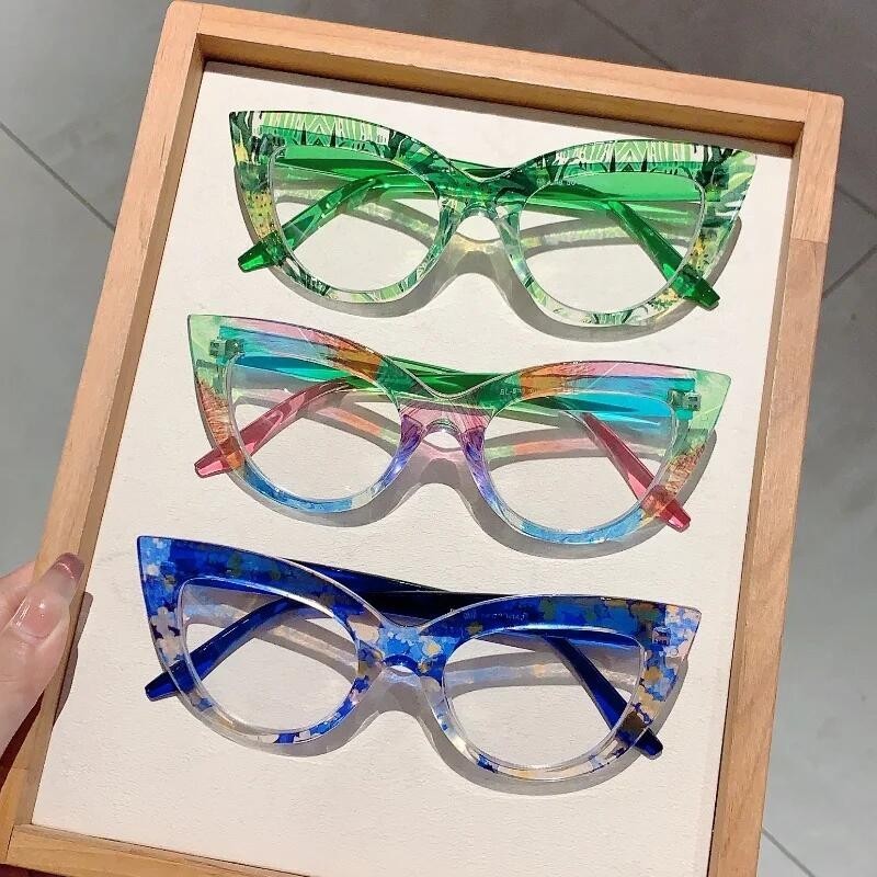 Óculos Femininos Azuis com Decoração Floral, Estilo Olho de Gato, Armação da Moda, Óculos de Sol da Marca Ins para Mulhe