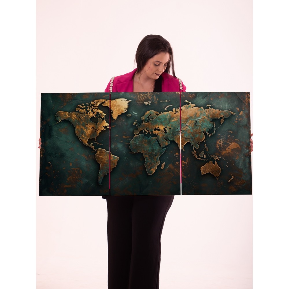 Quadro Mapa Mundi Decorativo 3 Peças Alto Relevo Texturizado Cores Terrosas Parede Sala Escritório