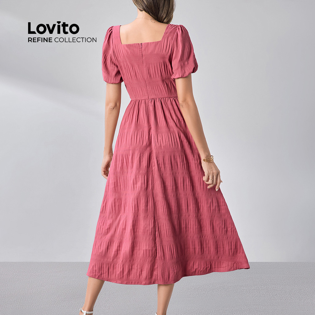 Detalhes do (Lovito Refine) Vestido feminino elegante com zíper e textura premium, tom vermelho rosado, código LR12L033