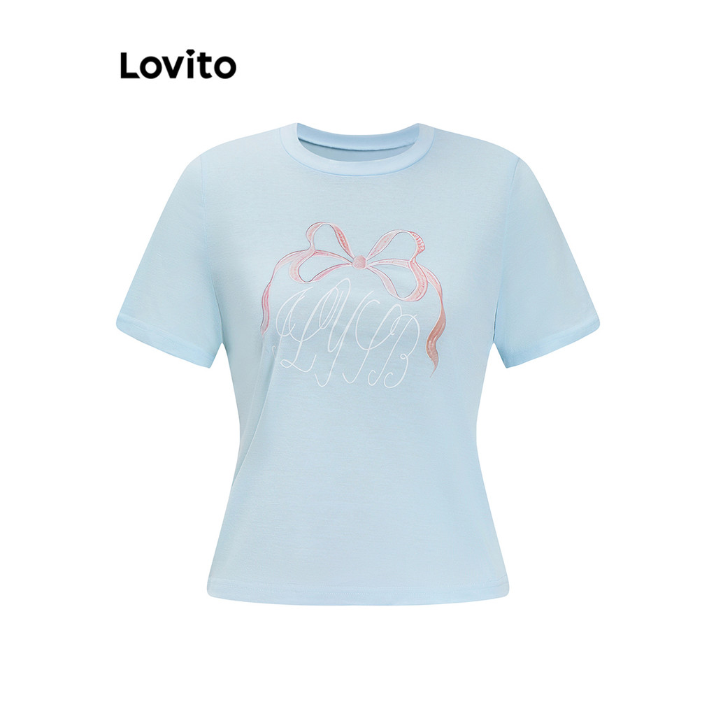 Detalhes do Lovito Blusa Feminina Formal Com Laço E Estampa De Letras L91AD308