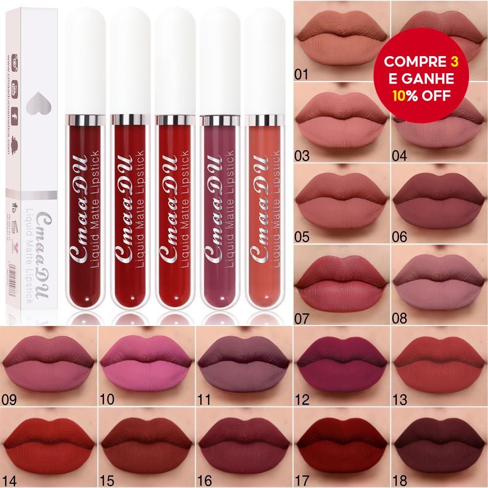 Batons Matte Impermeáveis CMaaDu 18 Cores, Longa Duração, Não Gruda, Forma de Copo, Maquiagem Barata