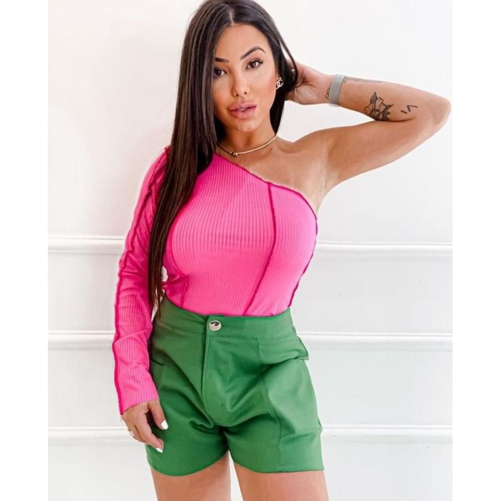 BLUSA TOP CROPPED FEMININA CANELADA MANGA LONGA OMBRO LARGO