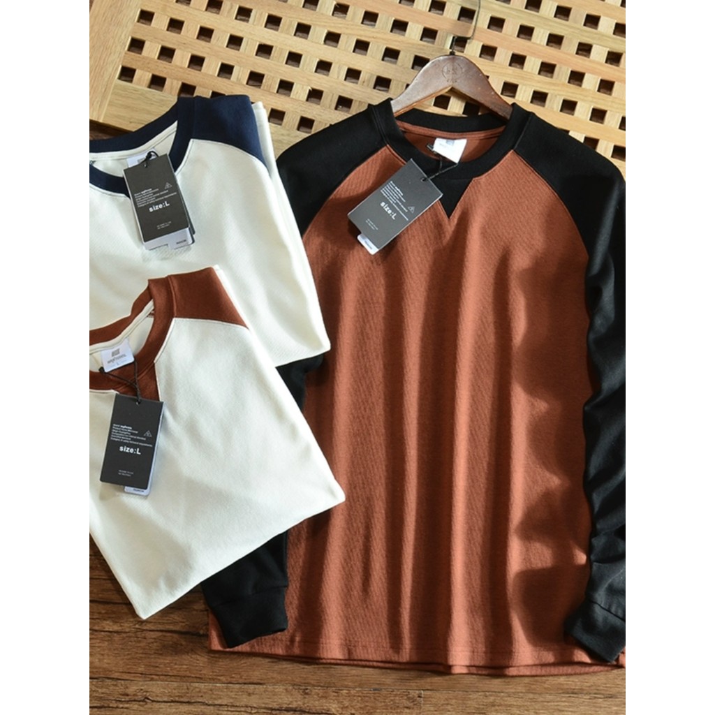 Estilo americano ~ 24 primavera novo produto moda masculina algodão lavado contraste cor manga Raglan camiseta de manga 