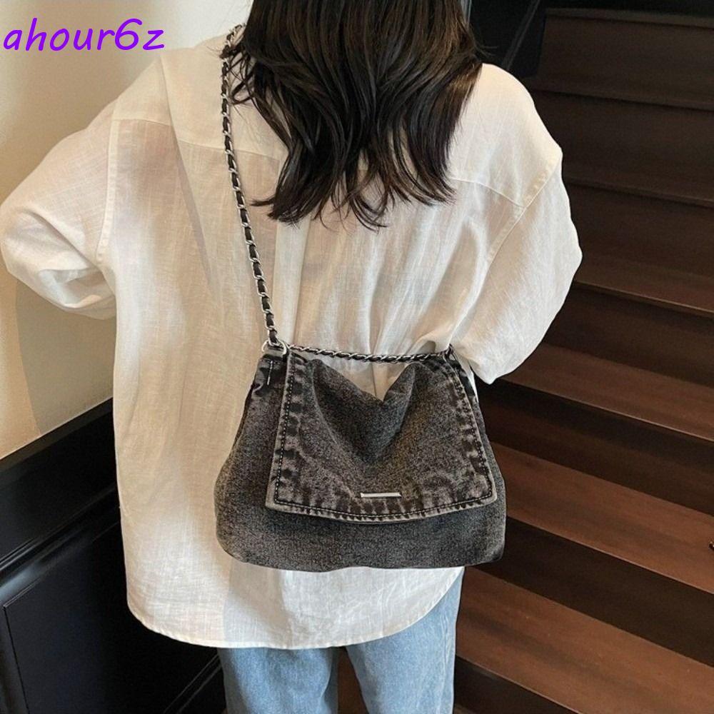 Bolsa De Ombro Com Corrente AHOURZ , Sacola Jeans Versátil E Durável De Grande Capacidade , Crossbody Alça Ajustável