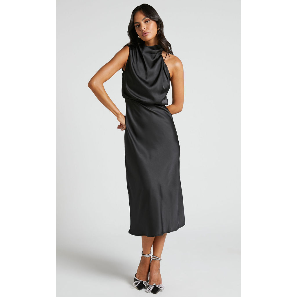 Saia Midi Feminina Elegante de Cetim de Alta Qualidade com Textura Semelhante à Seda, Efeito Emagrecedor, na Cor Preta,