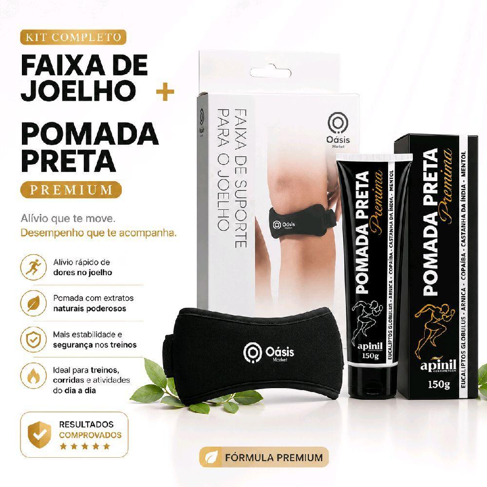 Kit Faixa Suporte para o Joelho + Pomada Preta Premium Apinil 150g Corrida Suporte Conforto e Alívio Cuidados com Joelho