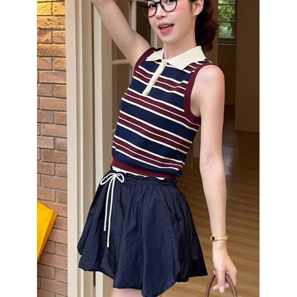 Polo polo colarinho colete de malha camisola contraste cor listras polo lapela malha topo feminino verão Design fino-aju