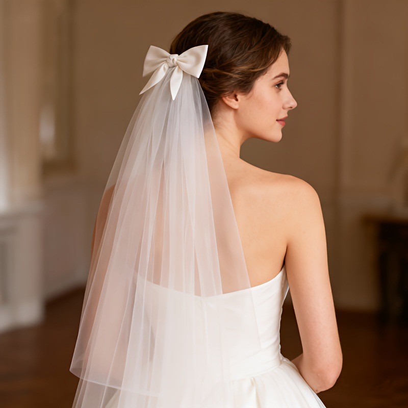 Véu de Noiva Branco Elegante com Laço, Véu de Cetim Branco com Presilha, Acessórios para Vestido de Noiva, Festa, Viagem