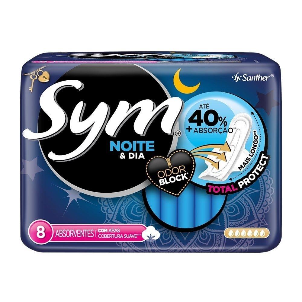 Absorvente Sym Noite e Dia Mais Longo Cobertura Suave com Abas Embalagem com 8 Unidades