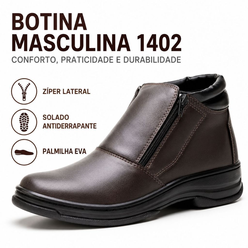 Botina Masculina Confortável Com Zíper Lateral Antiderrapante Trabalho Dia a Dia