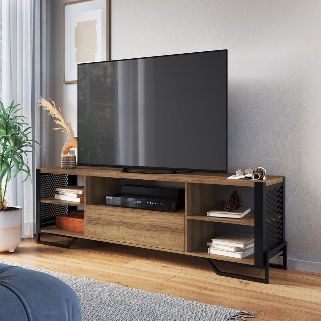 Rack Industrial para TV até 60 Polegadas 183cm 1 Gaveta e Laterais Teladas P1017 Marrom Preto Mel Mel