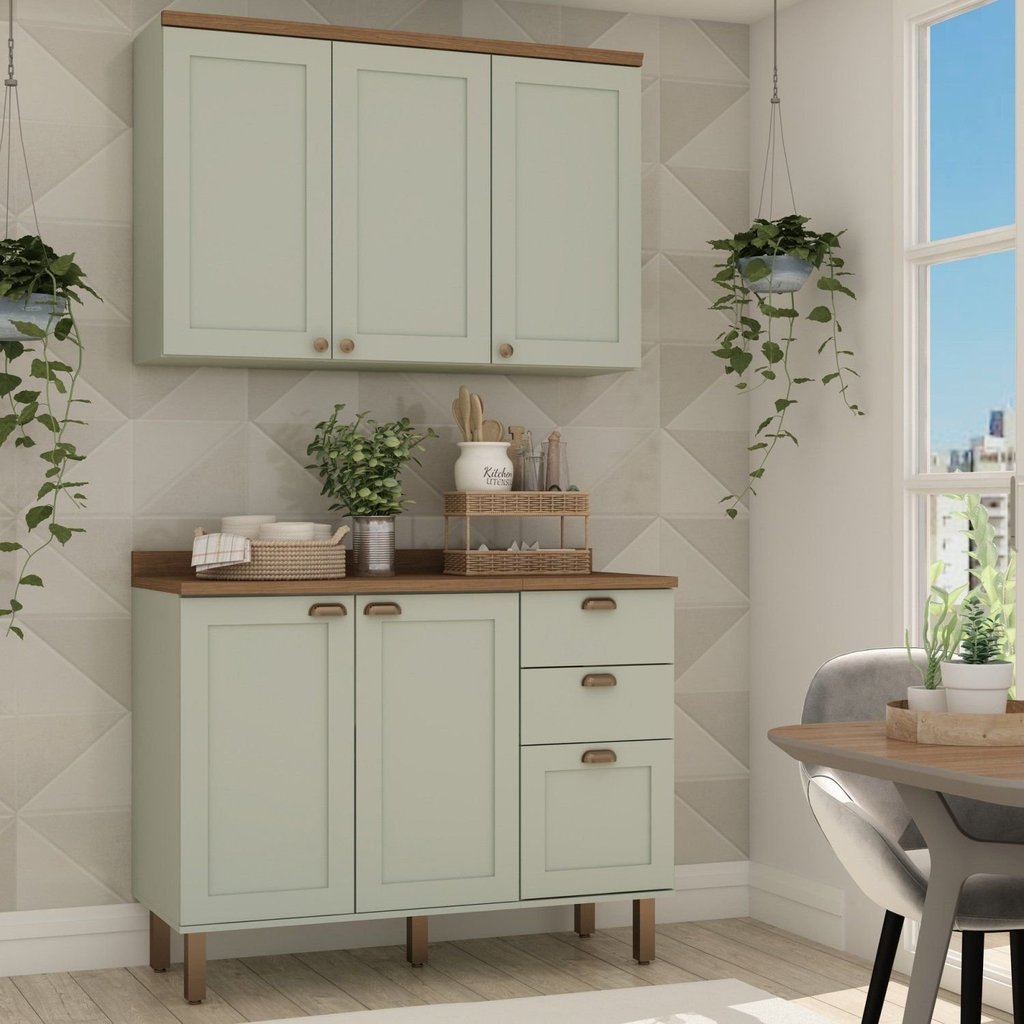 Cozinha Modulada 2 Peças com Balcão e Armário Aéreo e Tampo Provençal Verde/Mint Verde Mint