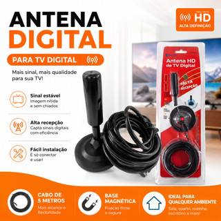 📺 Antena Digital TV 4K HDTV 3.5-4.3dbi | Interna Externa À Prova D’água Base Imã Cabo 5M Sinal Forte