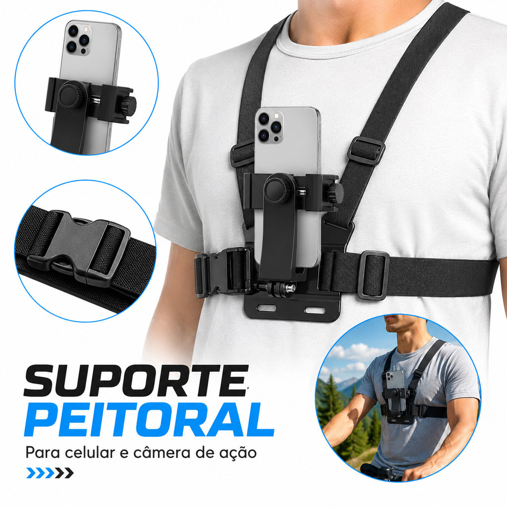 Suporte Peitoral com Adaptador para Celular e GoPro Câmera de Ação
