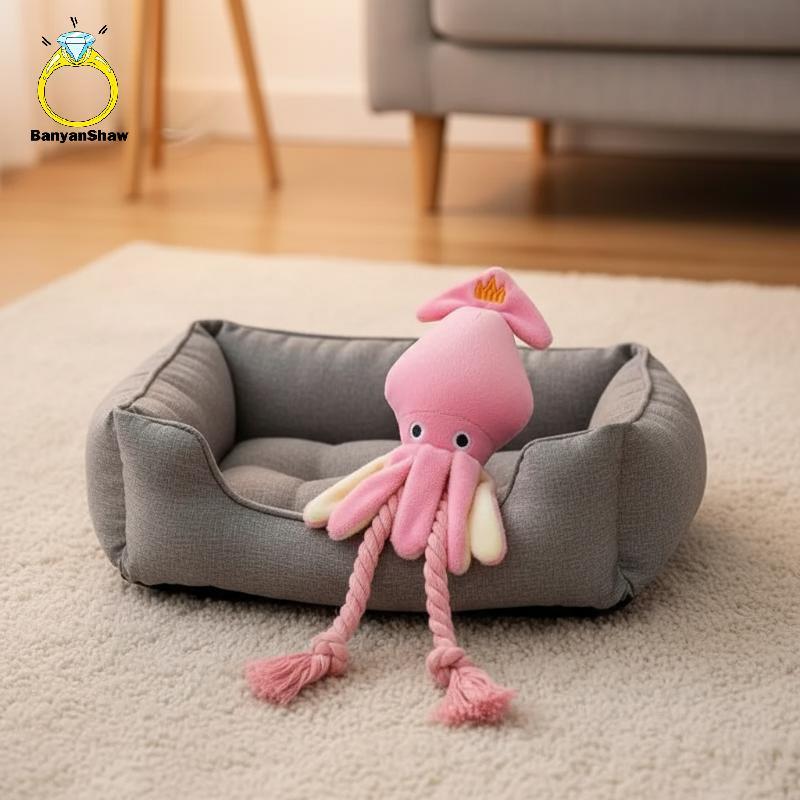 [BANY] Polvo Squeaky Dog Chew Toy Rosa Macio Pelúcia Durável Corda Trançada Para Dentição Filhotes Diversão Diária Jogar