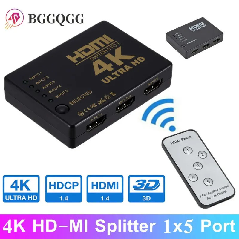 BGGQGG HD 4K HD-MI Splitter 1x5 Portas 3D 4K*2K Vídeo para Switch Switcher 1 Entrada 5 Saídas HUB com Controle Remoto IR