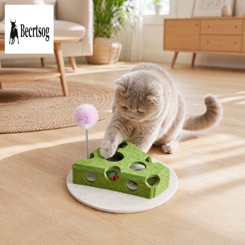 Interactive Cat Toy Cheese Shape with 7 Holes Felt Balls Bells Spring Teaser Stick – Hide-and-seek Maze for Indoor Pla