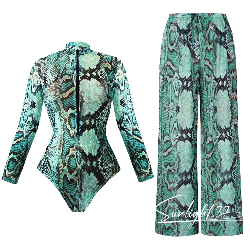 Conjunto de maiô de manga comprida para mulheres com estampa de cobra, roupa de banho solta com proteção solar + calças