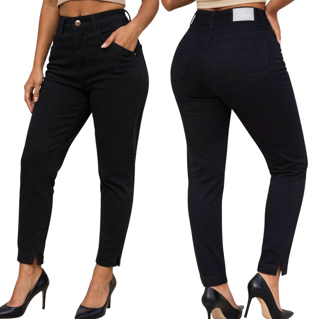 Calça Mom Jeans Preta Abertura Na Barra Feminina Sarja Boyfriend Copa