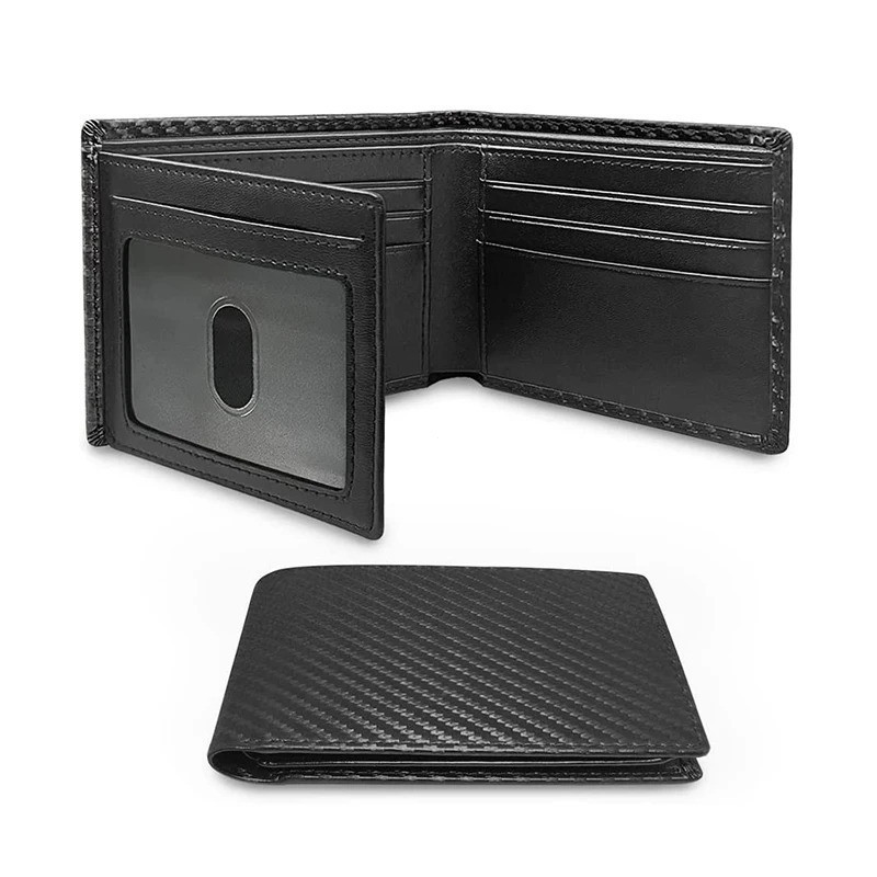 Carteira Slim Minimalista Tri-Fold em Fibra de Carbono com Bloqueio RFID para Homens, com Janela para Identificação e 9