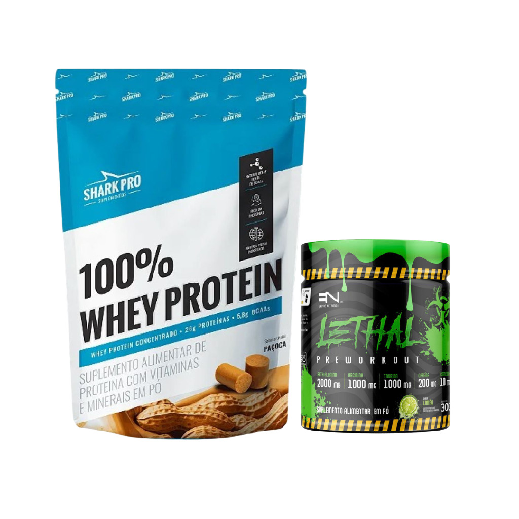 Kit 100% Whey Protein Shark Pro 900g Paçoca + Pré Treino Lethal 300g Limão
