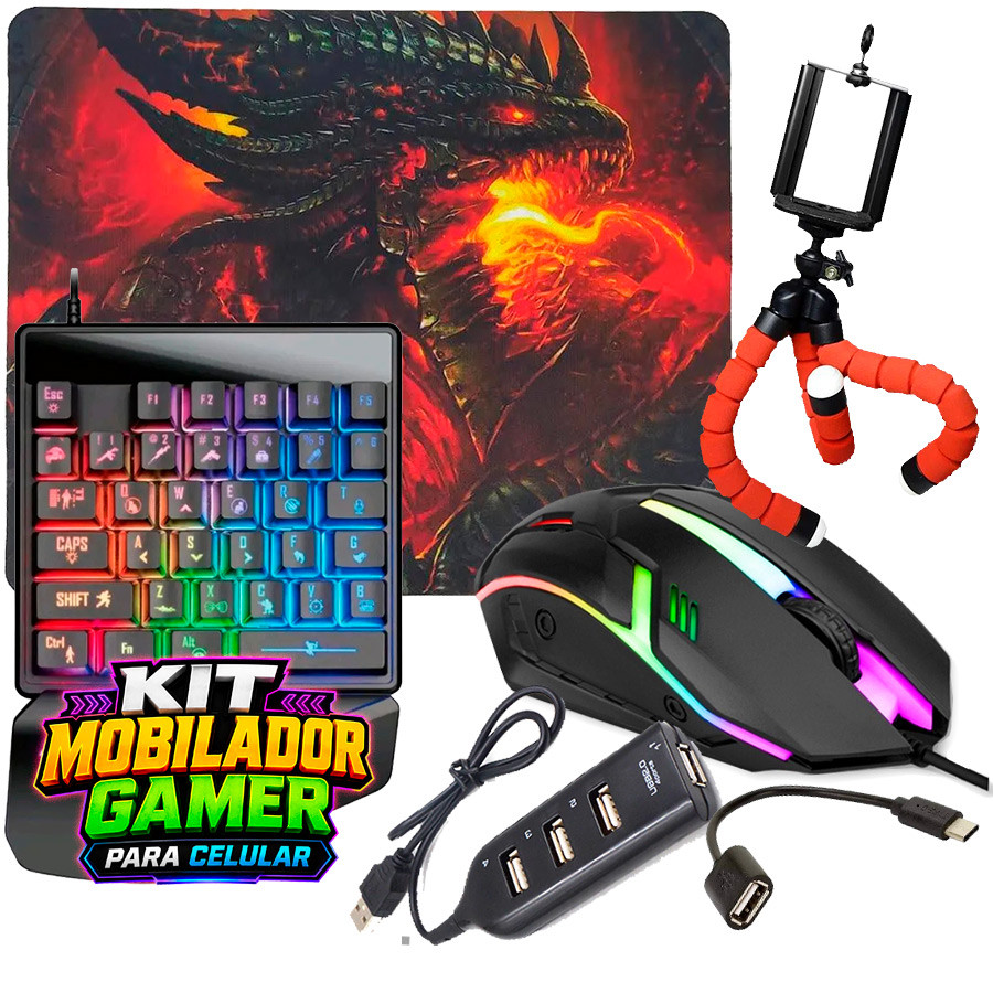 Kit Mobilador Barato Para Celular Gamer Completo Mouse Teclado RGB Mouse Pad e Acessórios