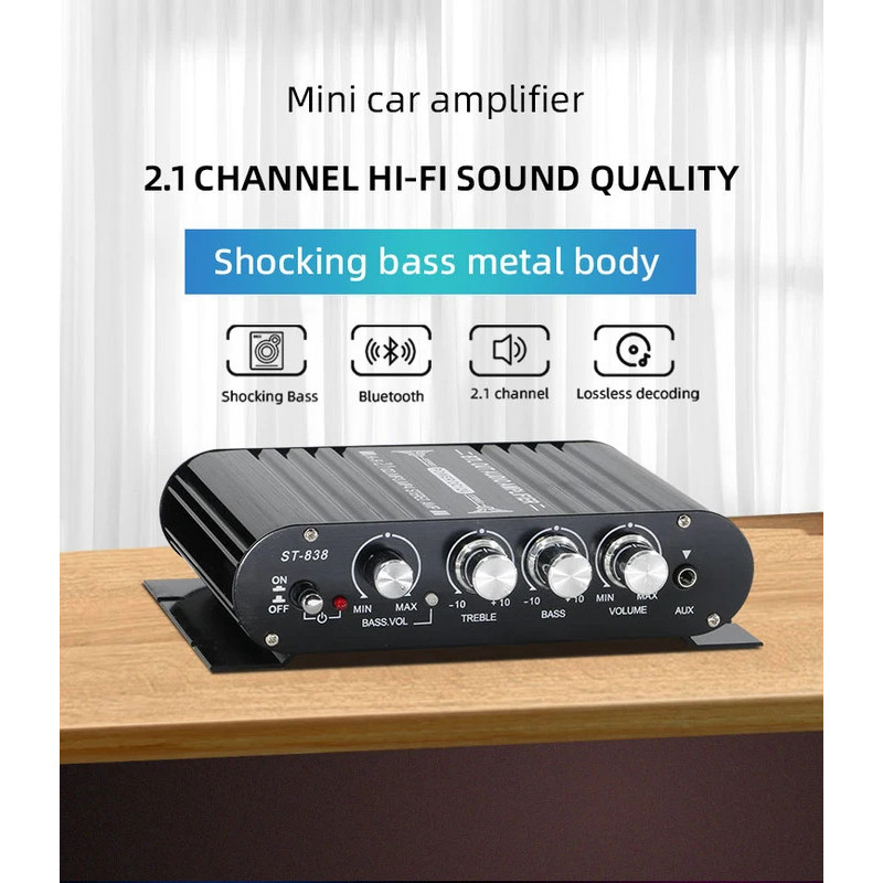 Amplificador de Som 2.1CH Bluetooth 5.0, Amplificador Digital de Baixo ST-838, Mini AMP Driver para Música Sem Perdas pa