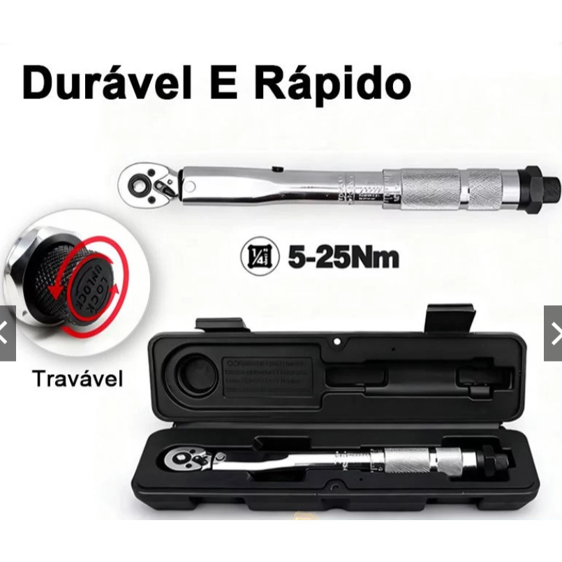 Torquímetro de Estalo 1/4 5-25 Nm Chave Dinamométrica Ajustável Catraca Reversível 72 Dentes com Trava Liberação Rápida