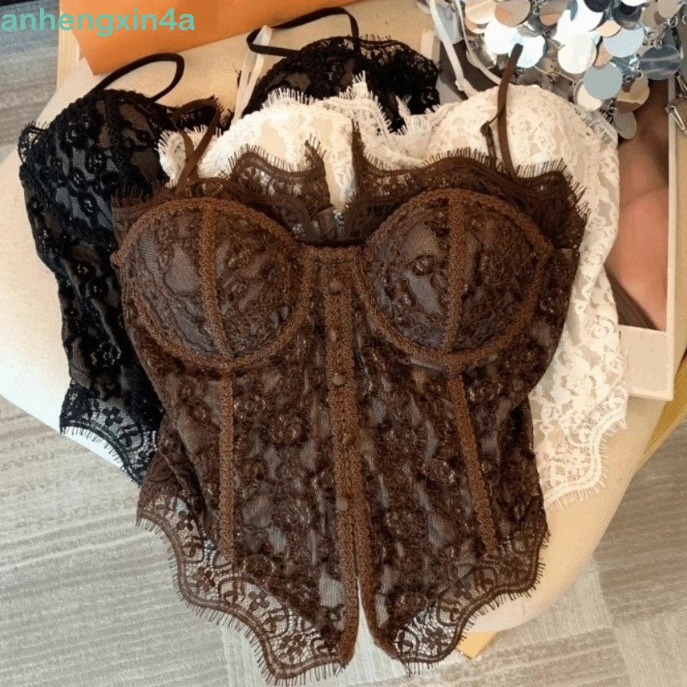 Camisola De Renda ANHENGXIN , Espartilho Transparente Sem Mangas , Tops Curtos Justos Em Espinha De Peixe Para Mulheres
