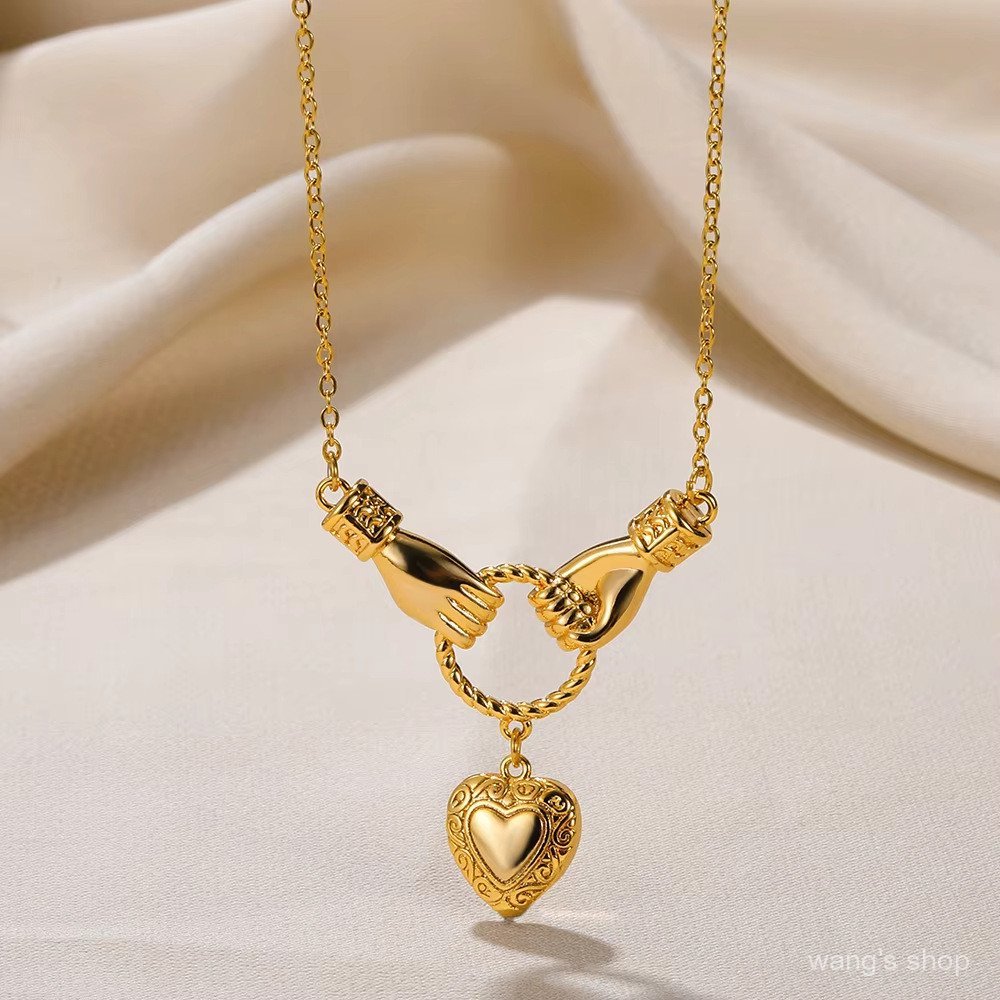 Pingente de cobre banhado a ouro 18K, mais vendido, com design de mãos entrelaçadas, zircônia azul e olho grego, corrent