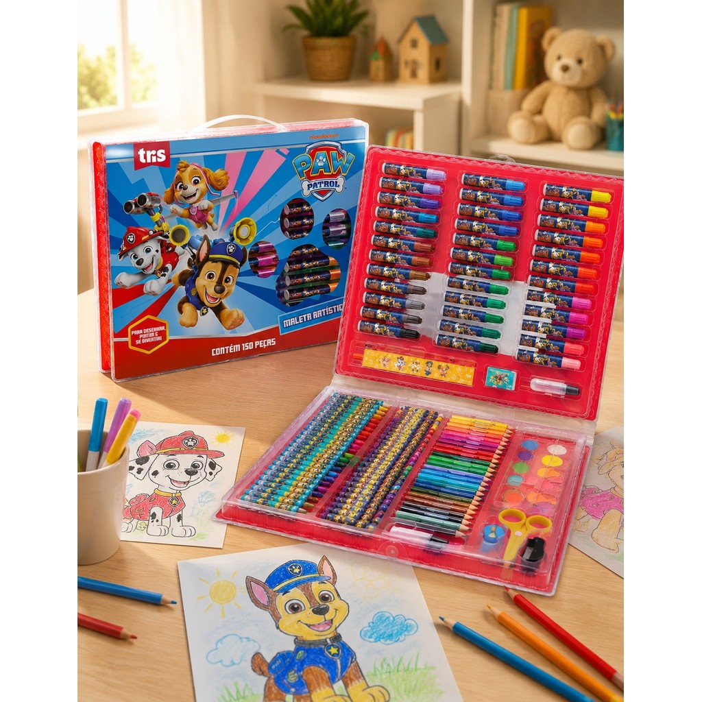 Maleta Artística Patrulha Canina Estojo Infantil 150 Peças Original Canetinhas Lápis Giz de Cera Aquarela