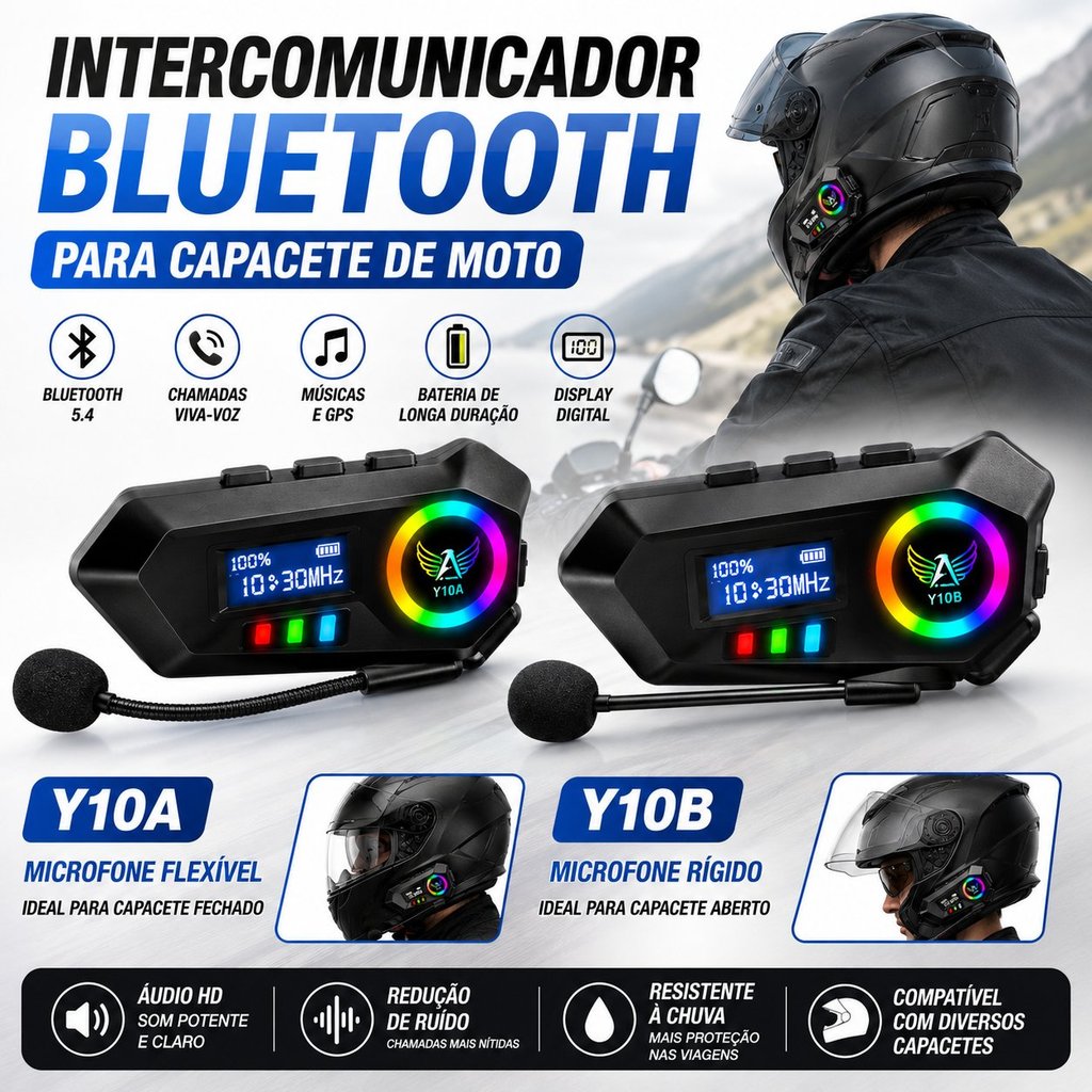 Headset Bluetooth 5.4 para Capacete de Moto Y10A Y10B com Tela Digital, Microfone, Música e GPS