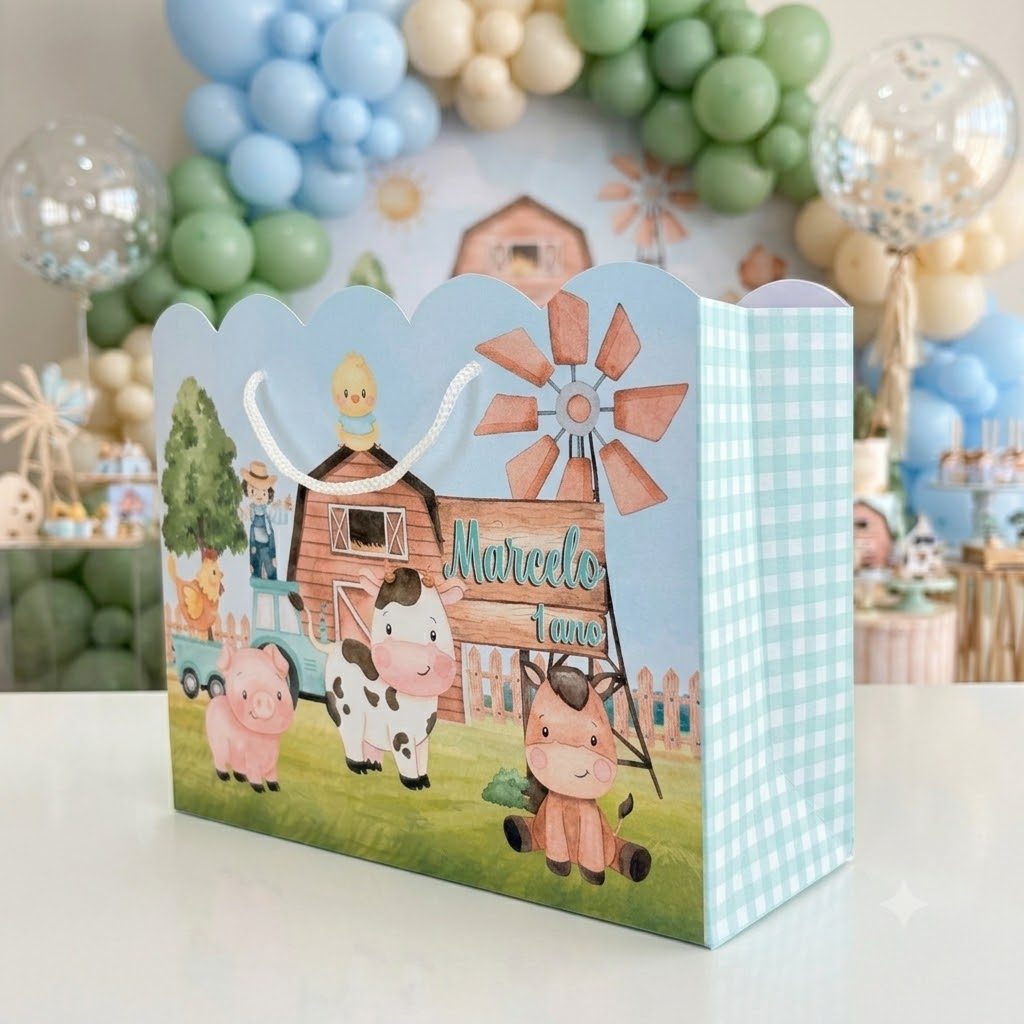 Sacolinha Grande Fazendinha Xadrez Verde Menino -  Lembrancinha Personalizada Festa Aniversário