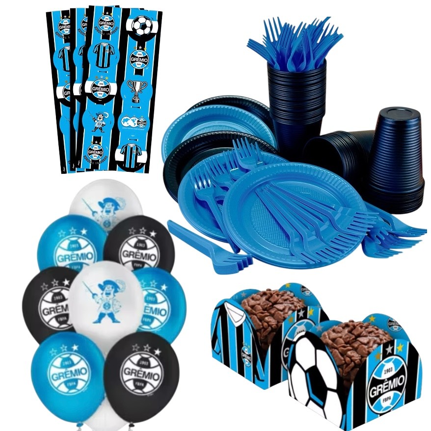 KIT FESTA GREMIO 255 ITENS 50 PESSOAS COPO + PRATO + GARFO + ADESIVO + FORMINHA + BALÃO REGINA (CHOCO)