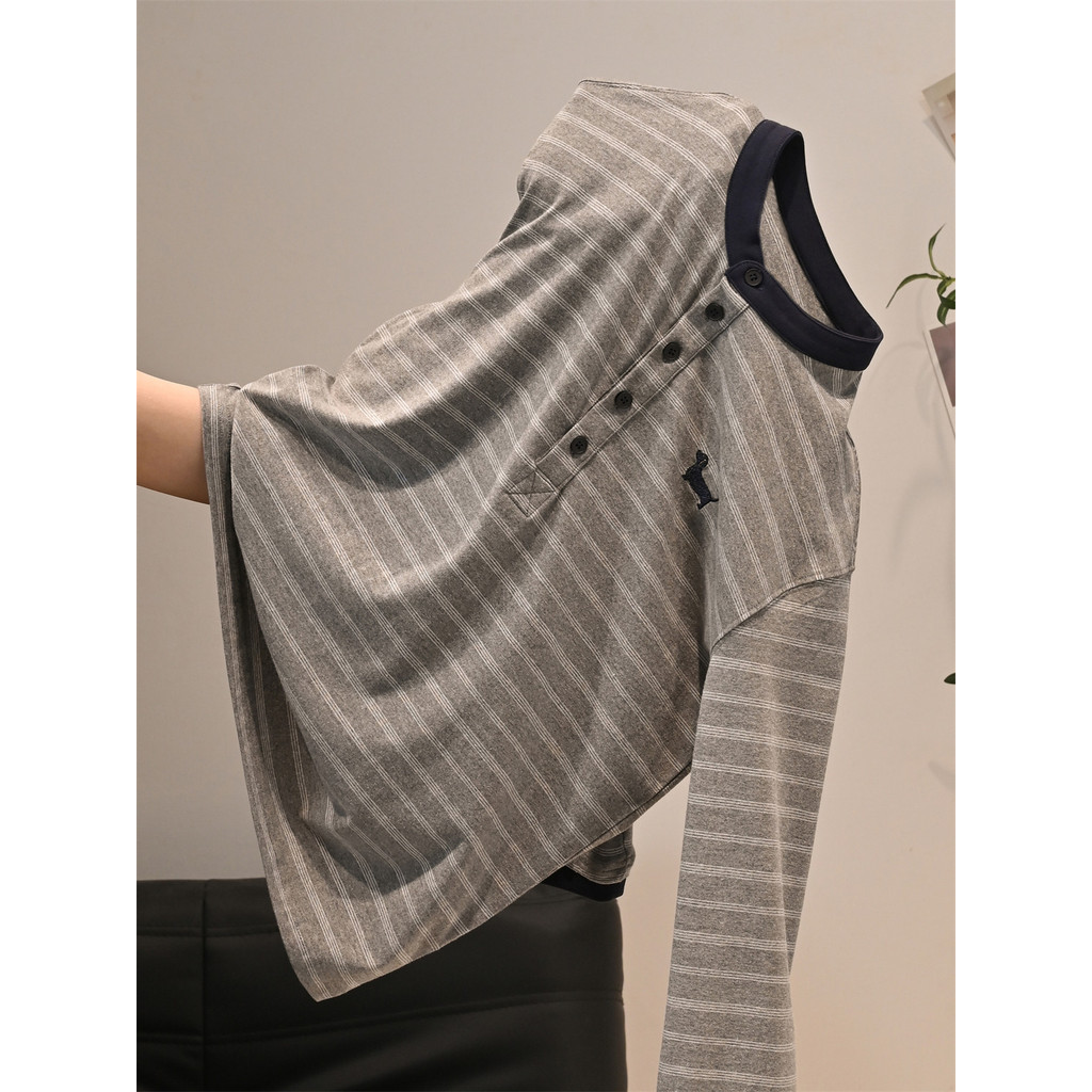 Cinza Retro listrado Henry colarinho de manga comprida camiseta masculina feminina primavera solta Casual bordado filhot