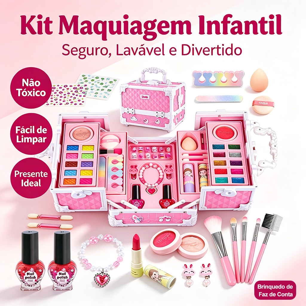 32 Peças Kit de Maquiagem Infantil Lavável – Conjunto Portátil para Meninas